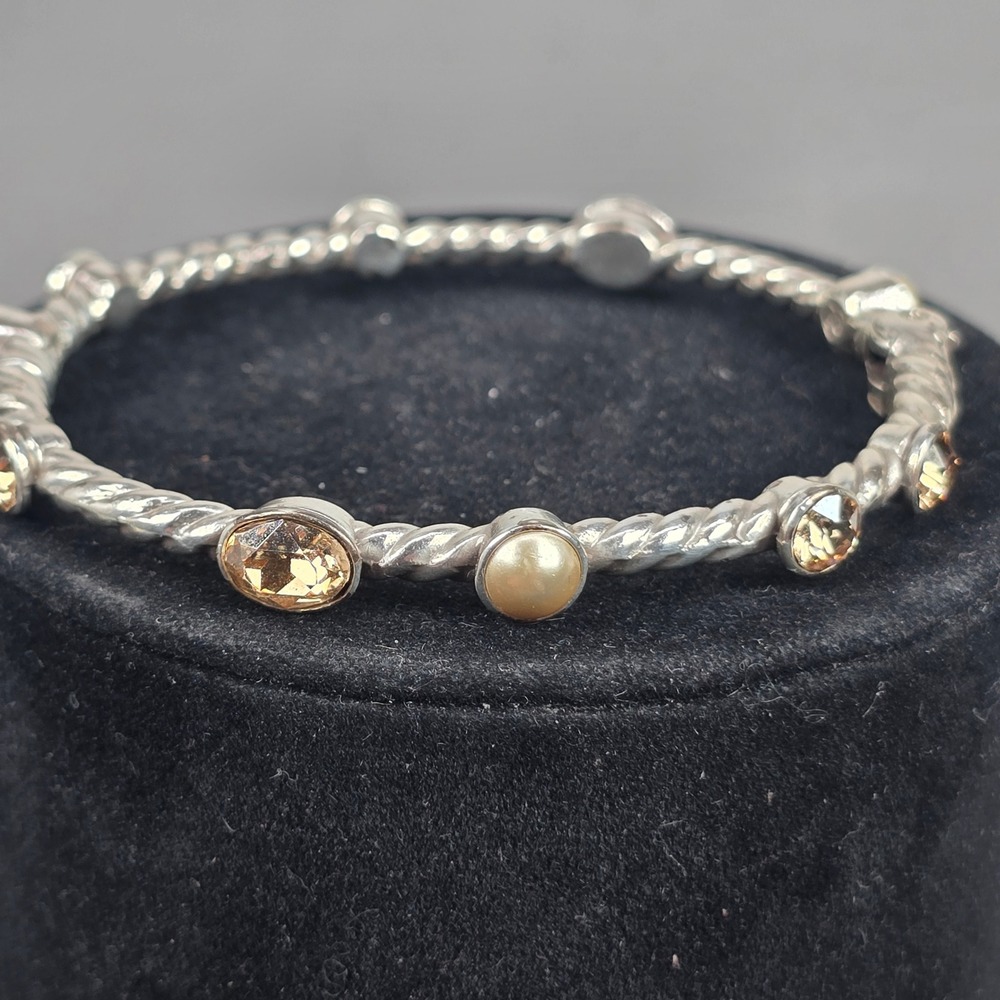 Brighton Monte Carlo Crystal Pearl Silver Hinged Bangle Bracelet Champagne Cream